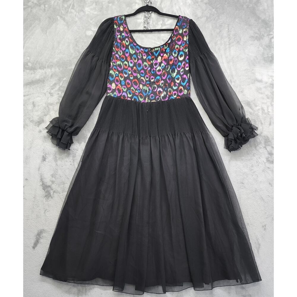 Vintage 70s John Charles Sheer Long Sleeve Pleated Dress Size Us 14 Uk 16 Black View 4